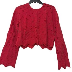 Free People Red Eyelet Long-Sleeve Blouse Shirt Top Small Vampirecore Bohemian